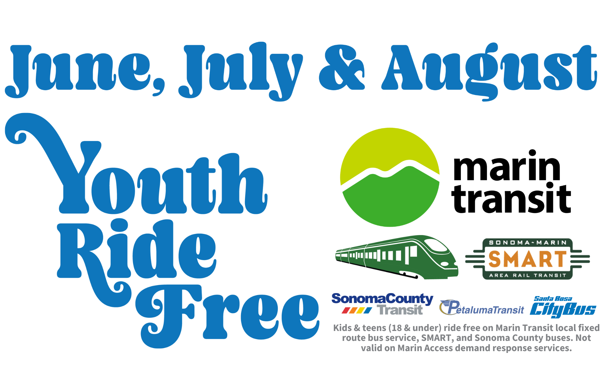 Marin Transit is offering free rides throughout the summer starting June 1, 2023 with the Summer Youth Ride Free Program. SMART, Marin Transit, Sonoma County Transit, Santa Rosa CityBus, and Petaluma Transit have come together to provide free rides for kids and teens, transforming the North Bay into a summer playground.