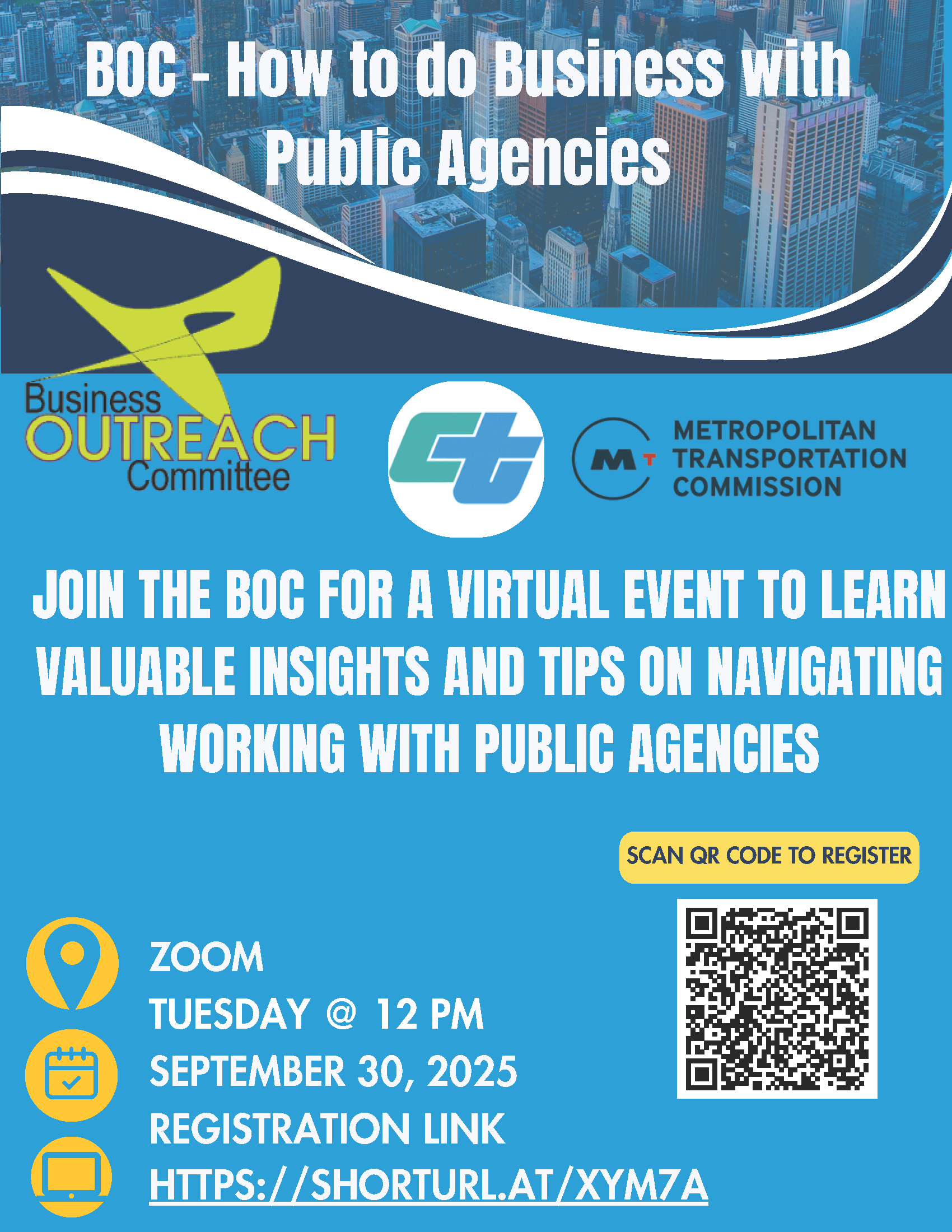 A flyer for the Business Outreach Committee (BOC)'s virtual event titled "How to do Business with Public Agencies". The event will be hosted on Zoom, on September 30, 2025 at 12:00 PM.