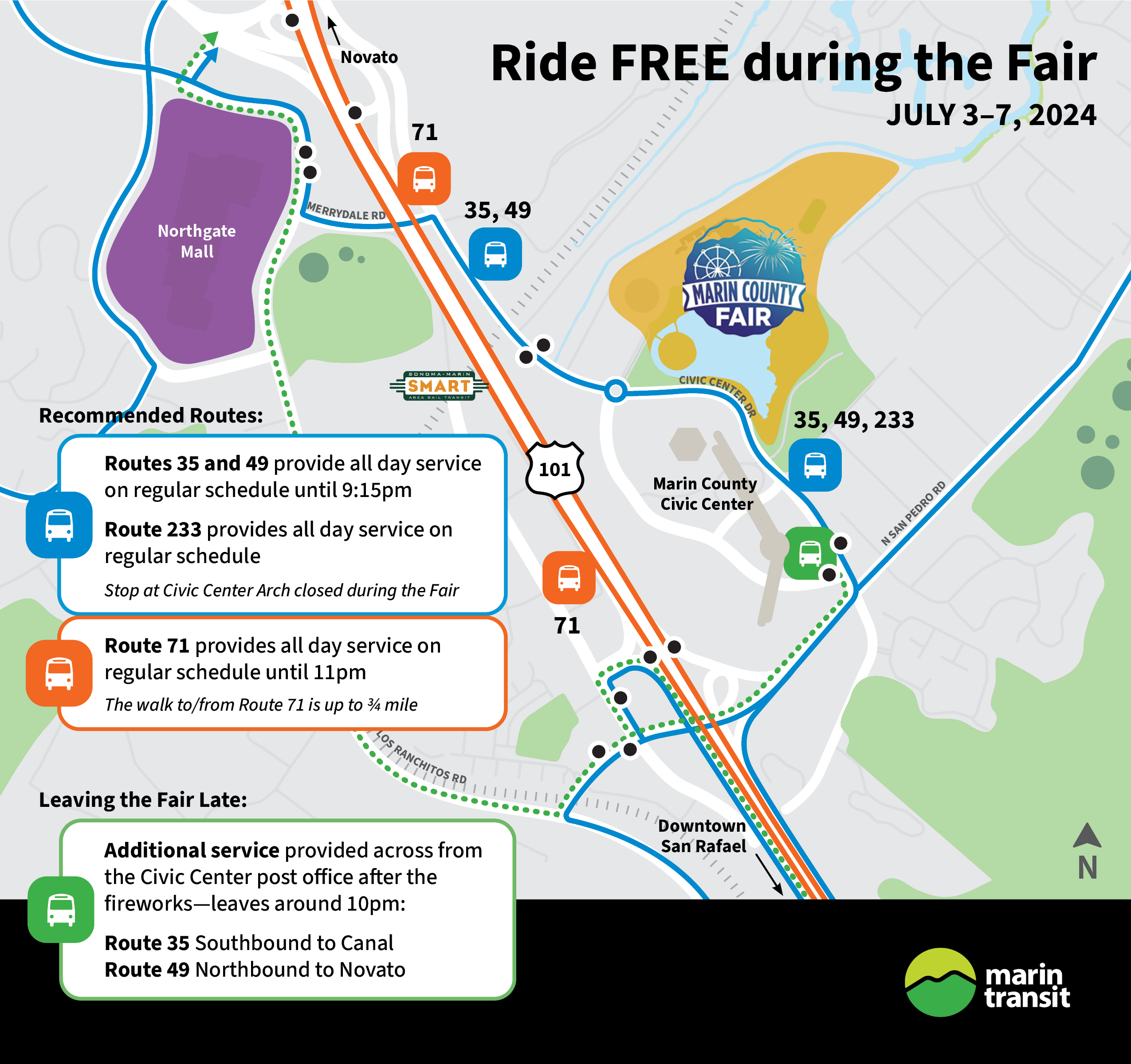 Map showing the route 35, 49 and 233 that serve the Marin County Fairgrounds. Map also shows the late-night service on the Route 35 southbound and the Route 49 Northbound, service leaves from the Civic Center post office after the fireworks, around 10pm