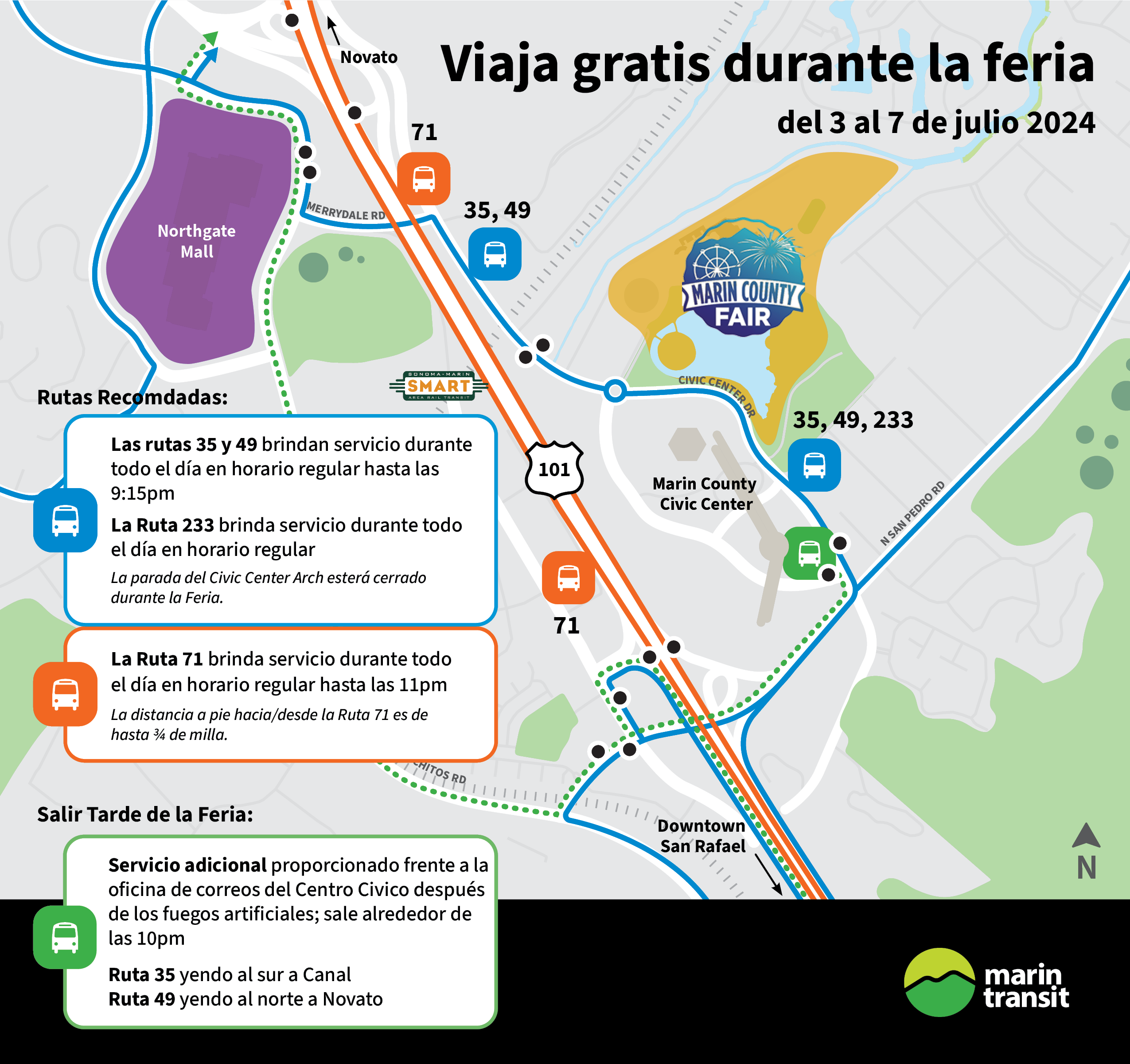 Mapa de la Ruta 35, 49, 233 los cuales sirven la Feria. Tambien el mapa illustra servicio adicional despues de los fuegos artificiales, saliendo alrededor de las 10pm; incluye la Ruta 35 yendo al sur y Ruta 49 yendo al norte a Novato.